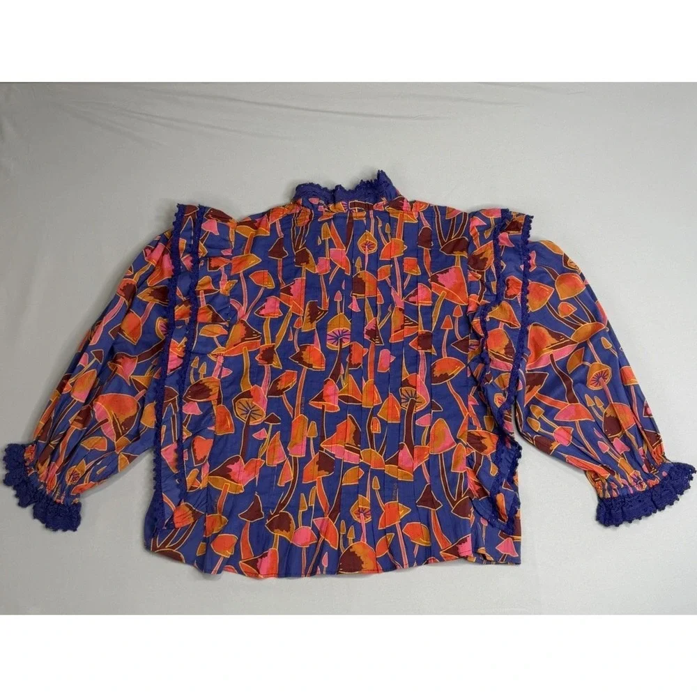 Farm Rio Bright Blue Mushroom Sketch Blouse Buttons M NEW Statement